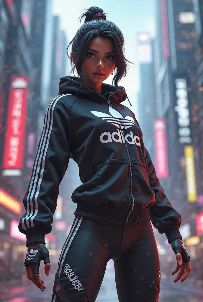 Kelly free fire wear black adidas jacket has a three stripes  and lenggings adidas black has a three stripes and shoes adidas black has a three stripes