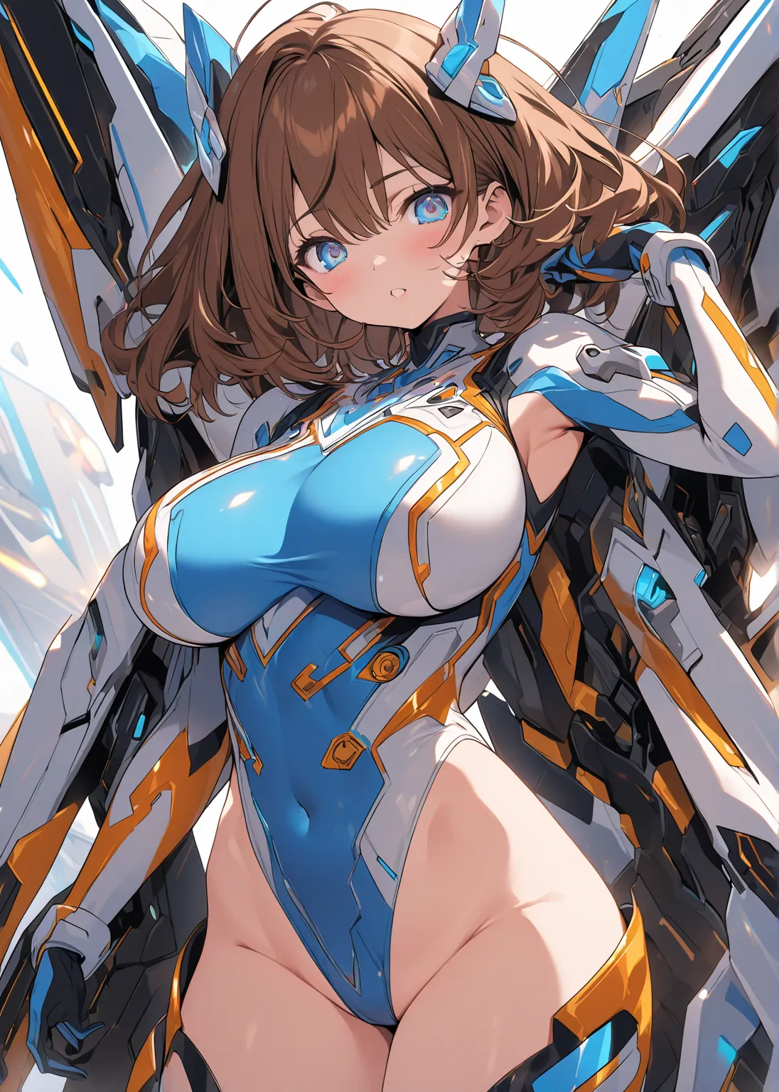 brown hair　medium hair　blue and light blue futuristic suit　　Groin　leotard　big breasts　blue eyes　round eyes　　 flashy design　solo