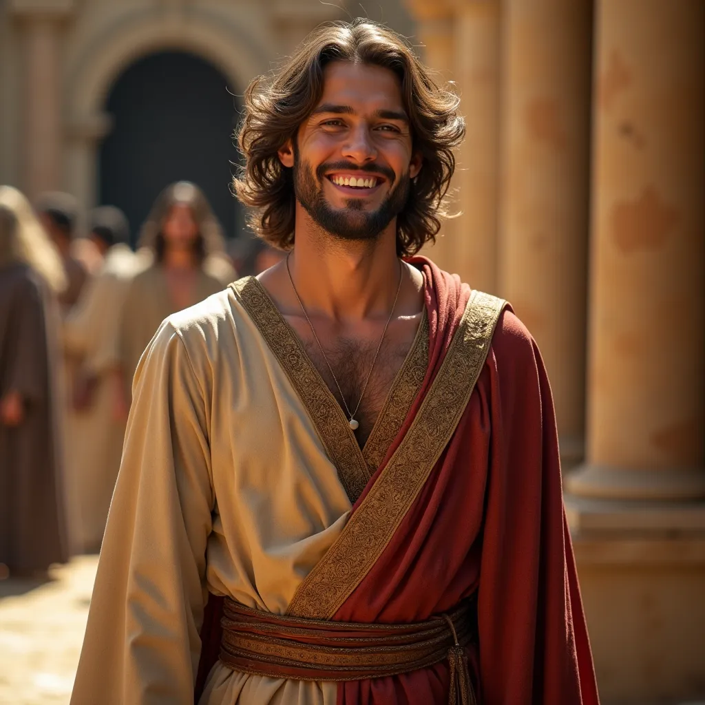 A wealthy and happy young man in his twenties, dressed in elegant clothing from the time of Jesus Christ. He wears a flowing robe made of fine fabric, with intricate details and a rich color, possibly adorned with a sash. His expression is joyful and conte...