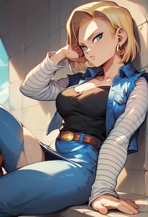 blue pants,  Android 18, blond hair, blue eyes, eyelash, hoop earrings, mature short hair,  spreading their legs wide open,  very sweaty, obscene, Sensual