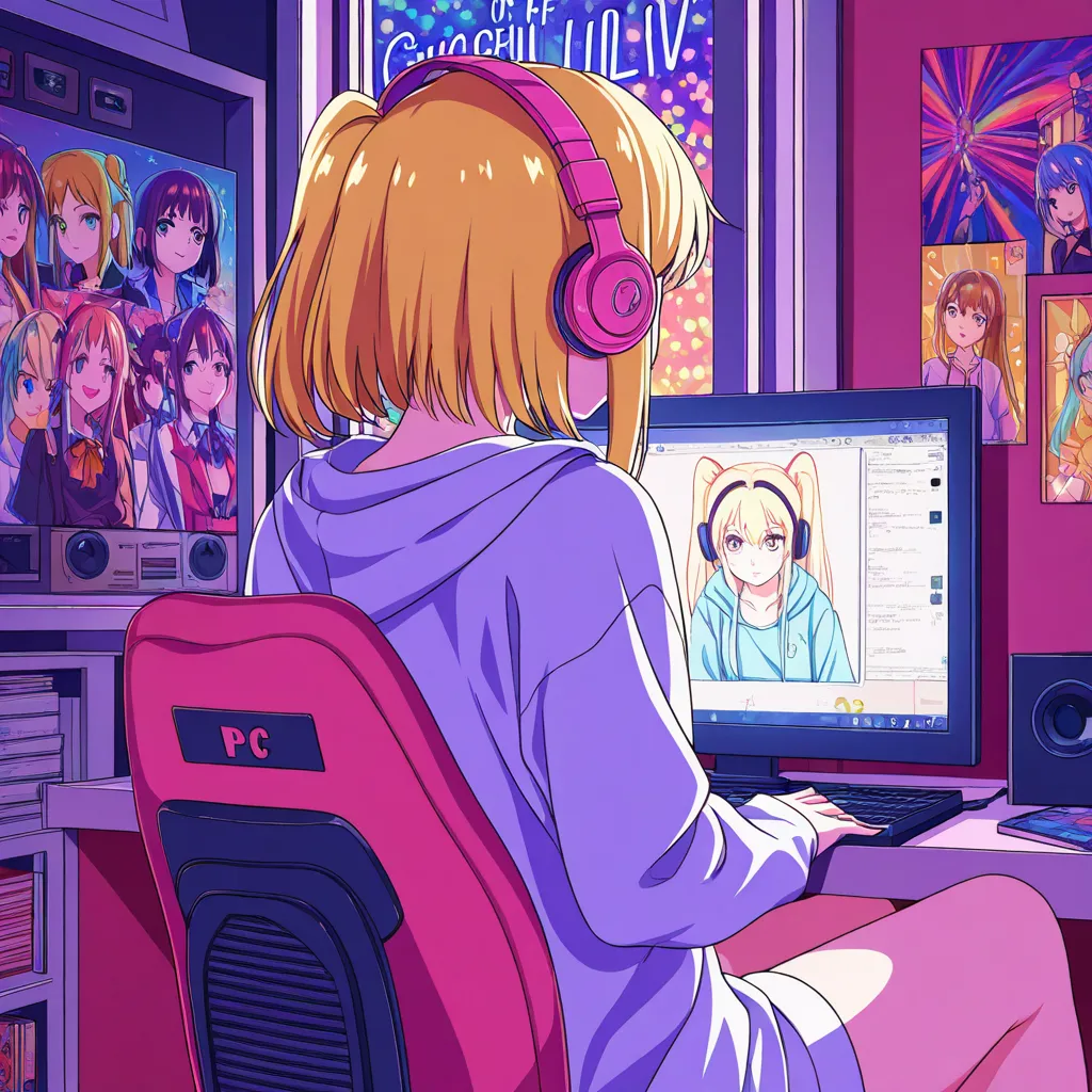 (from behind), Anime girl sitting in front of computer in cozy room,  The broadcaster girl , headphones,  vivid color with thick line drawing, (beautiful 夜 views from windows),  anime otaku,  2D anime style , The aesthetics of anime in the 2020s,  lo-fi, E...