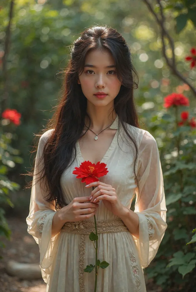 generated based on a adult girl "Elena Carter", realistic vietnam girl, she held beautiful red flower, shoot with Nikon camera, full hd, background is garden, full body view, good detail, realistic