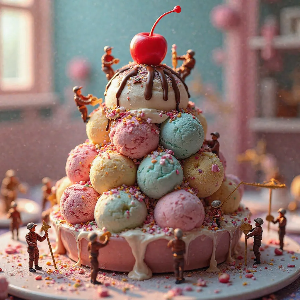 A colossal ice cream sundae, deconstructed, with tiny dessert artisans building it like a frosty tower. Some are stacking scoops like boulders, others pouring rivers of chocolate sauce, while a crane carefully places a giant cherry on top. The lighting is ...