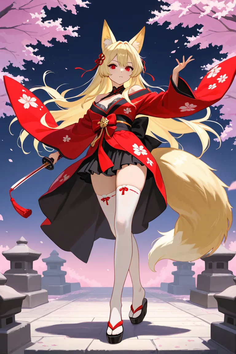 A stunning anime-style fox girl warrior with long blonde hair and golden fox ears, dressed in a black and red kimono with intricate floral patterns. She wields a traditional Japanese katana in her left hand and a beautifully decorated iron fan (tessen) in ...