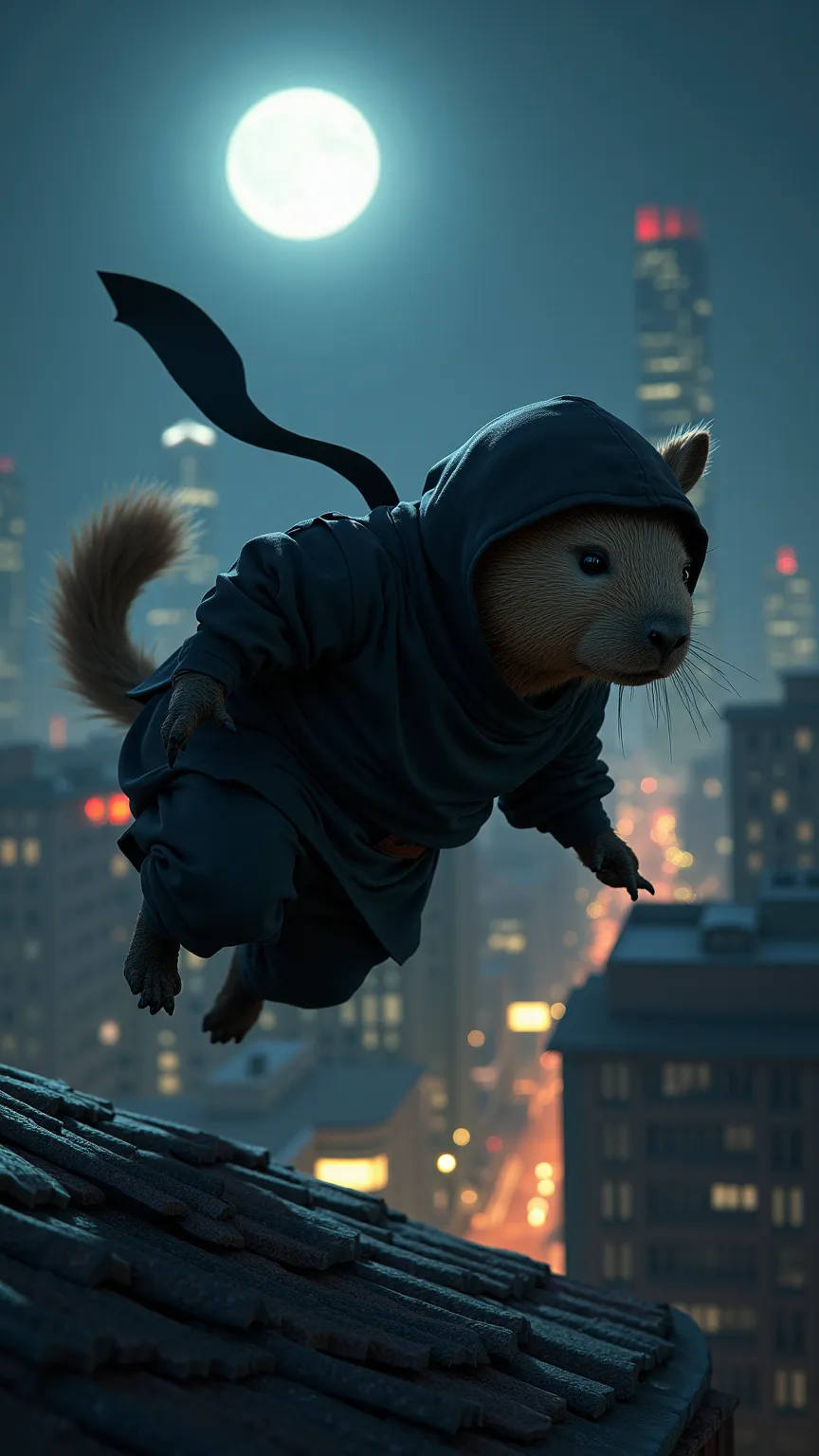 "A capybara dressed in dark ninja attire, leaping through the city rooftops under the moonlight."