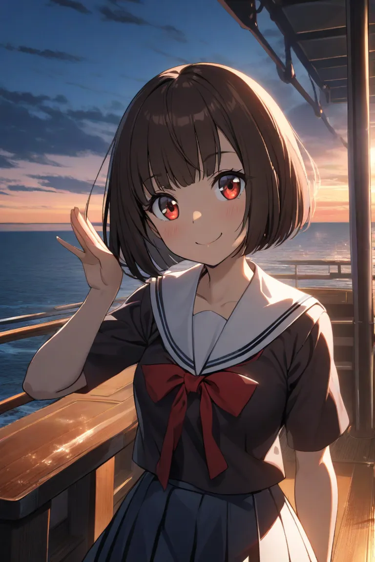 1girl, wavy dark  brown bobcut hair, japanese sailor uniform, standing on ship deck, red big eyes, hand salute, warm smile, sea, twilight, hd, 