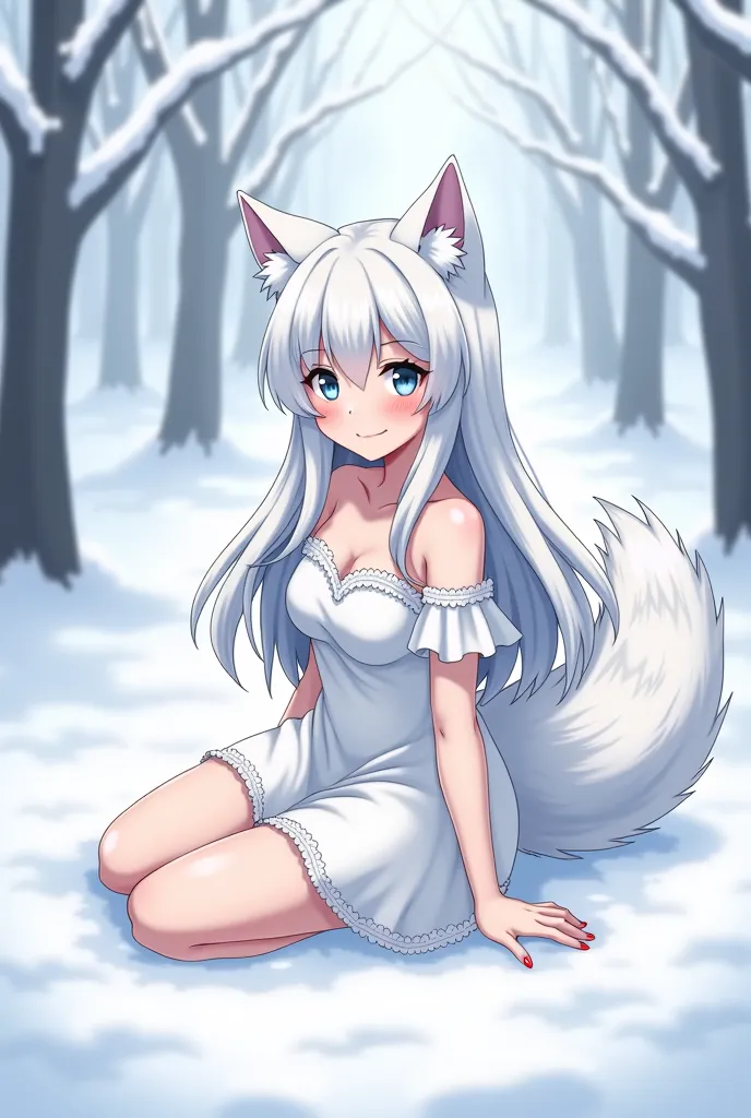 anime girl with white hair and a white dress sitting in the snow, white fox , white fox anime, Holo is a wolf girl, white cat girl , hologram, if the wolf girl , beautiful anime girl , white fox,  beautiful fox lady , seductive anime girl, highly rated on ...