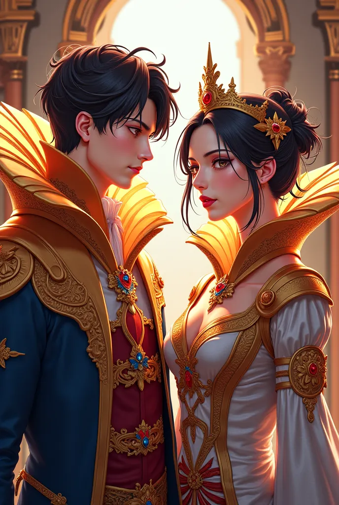 Anime King and Queen both wearing outfits with a Massive fan-like collar