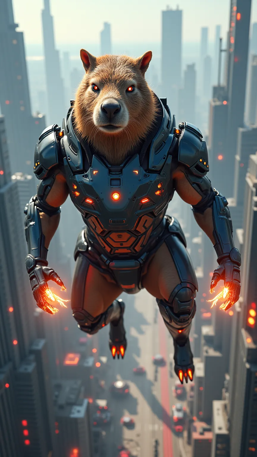 A high-tech armored capybara superhero, flying above a futuristic city with energy beams