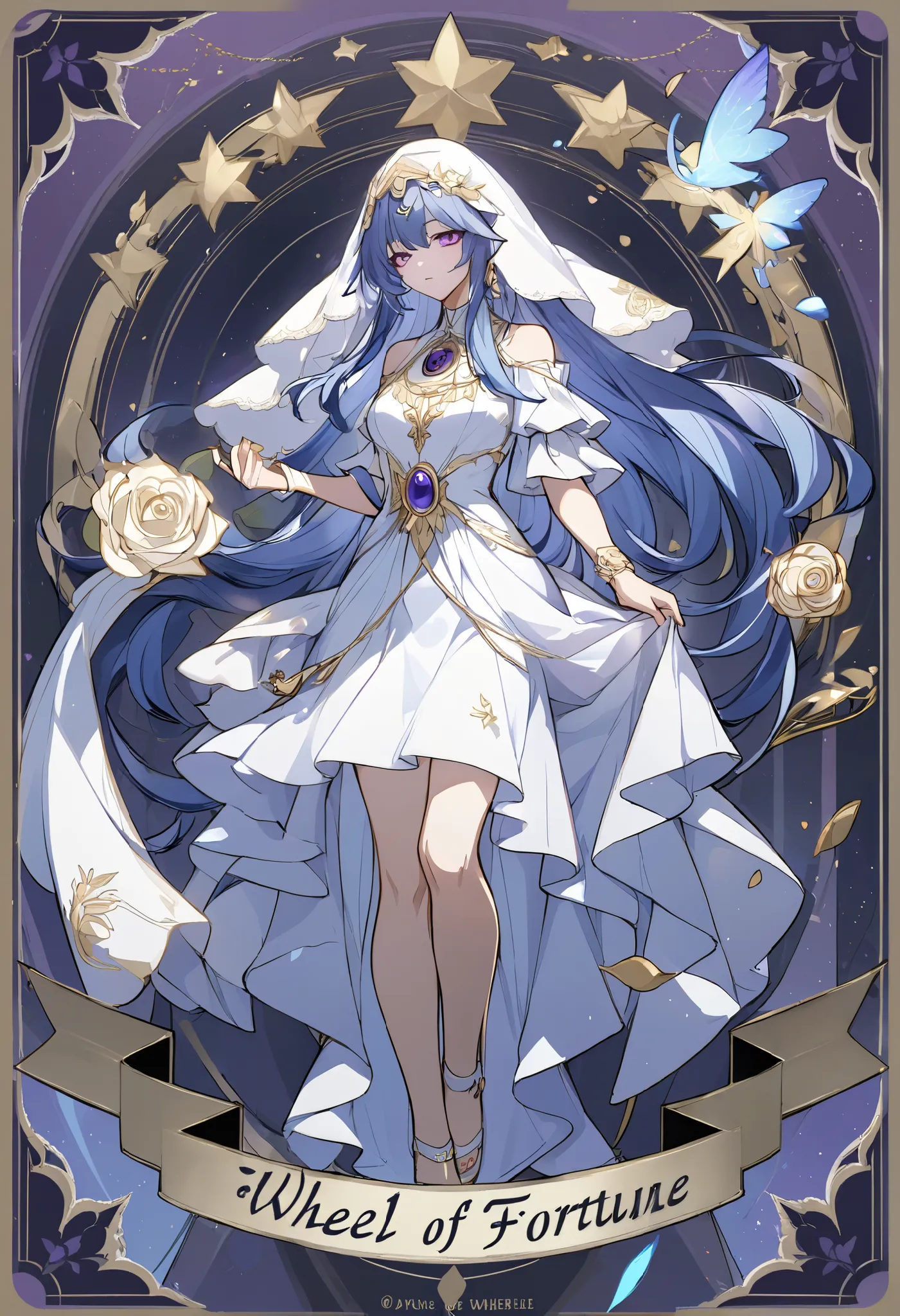 Beautiful, solo, 1 female, long hair, blue hair, light purple eyes, white veil, white dress, tarot, Wheel of Fortune