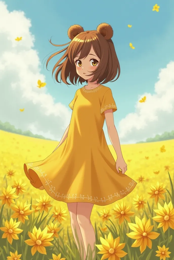 I would like a girl with a yellow dress who has bear ears in a field of yellow flowers and I want the drawing to be a manga style and I want you to generate her whole family for me composed of 2 big brother 1 dad and 1 mom