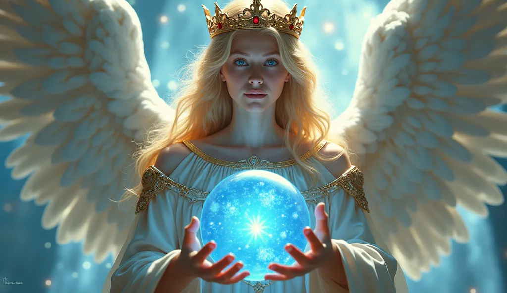 blonde red angel wearing red crown handle bright blue light orb 