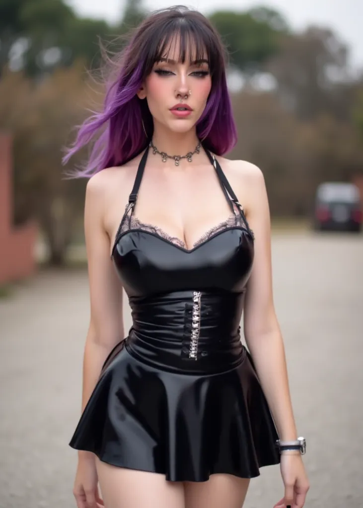 Photo of a slender purple-haired woman wearing a black latex PVC mini dress with a strapped choker neck while standing at a random location. 