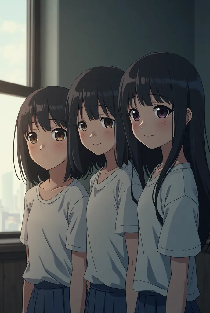 anime scene, ( ( makoto shinkai ) ), close shot, white skin three girls standing beside window, upper body, looking at viewer,smile