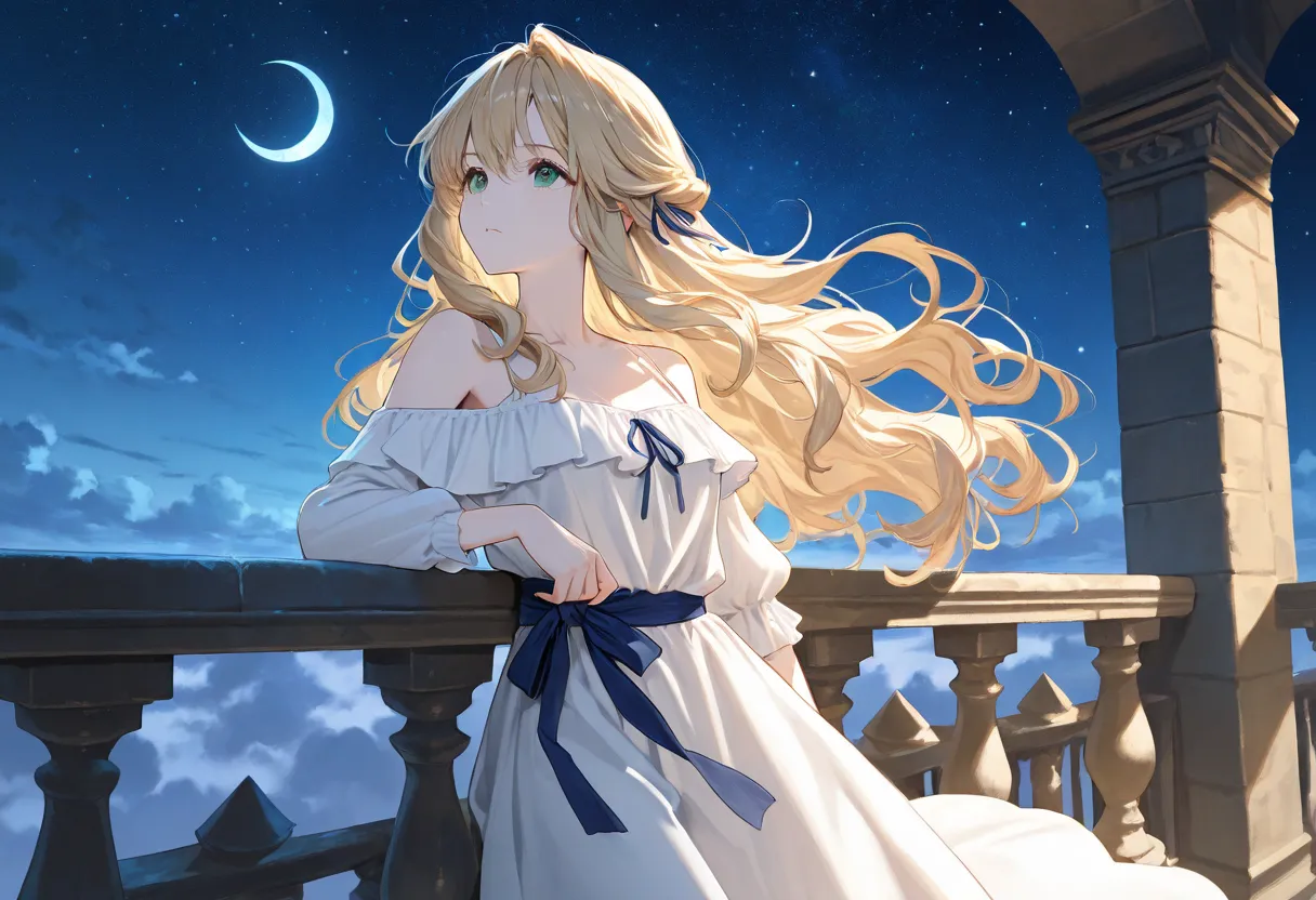 A sharp, expressionless woman. Long, loosely wavy blonde hair. Her hair is tied with a small navy blue ribbon. Emerald eyes. Clear white skin. A pure white dress with long sleeves and a long skirt that shows off the shoulders. Late at night, she is looking...