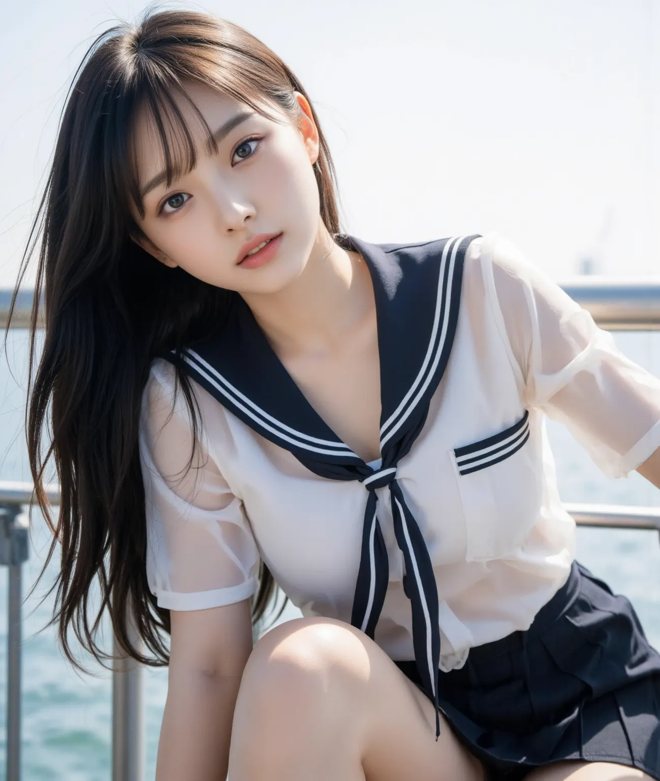 Realistic Photography, 8k, masterpiece, highest quality, hyper-realistic, highres, shot on a Canon EOS, Korean young girl, idol, white skin, black long hair, (huge breasts), ((glamorous figure)), ((long legs)), Chubby thighs, the texture of a detail-orient...