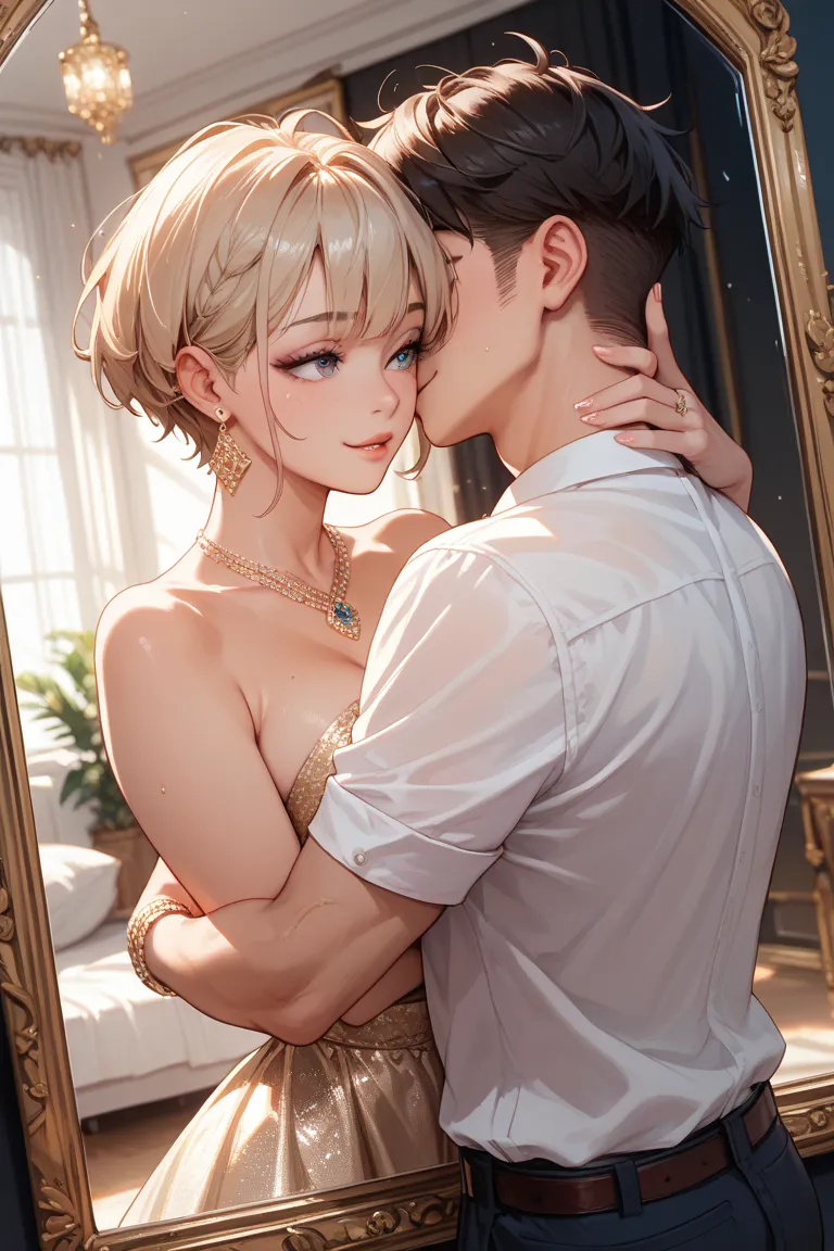 An image of a man with short hair and a beautiful Korean woman hugging each other in front of a luxurious mirror taking a selfie looking in the mirror