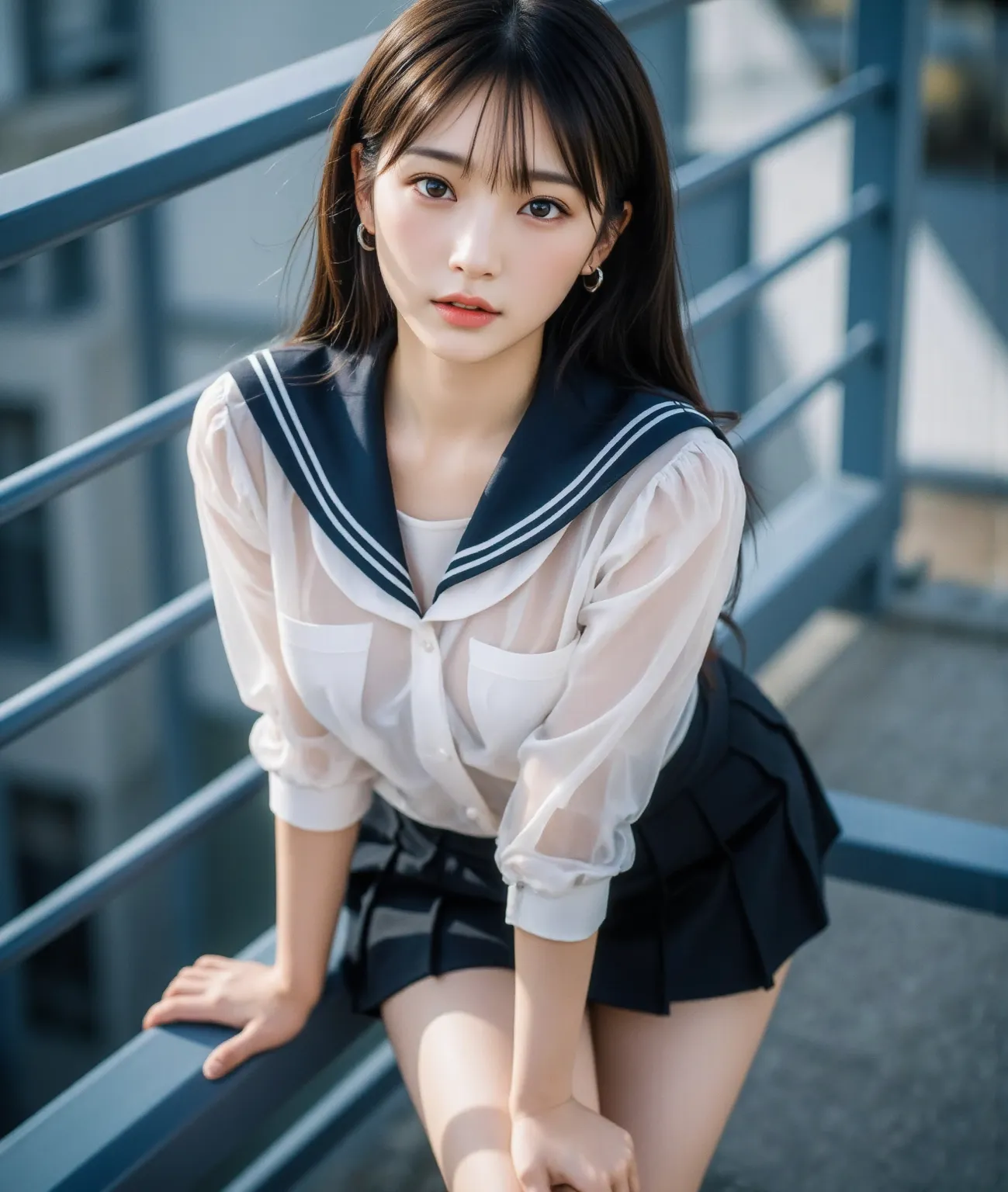 Realistic Photography, 8k, masterpiece, highest quality, hyper-realistic, highres, shot on a Canon EOS, Korean young girl, idol, white skin, black long hair, (huge breasts), ((glamorous figure)), ((long legs)), Chubby thighs, the texture of a detail-orient...