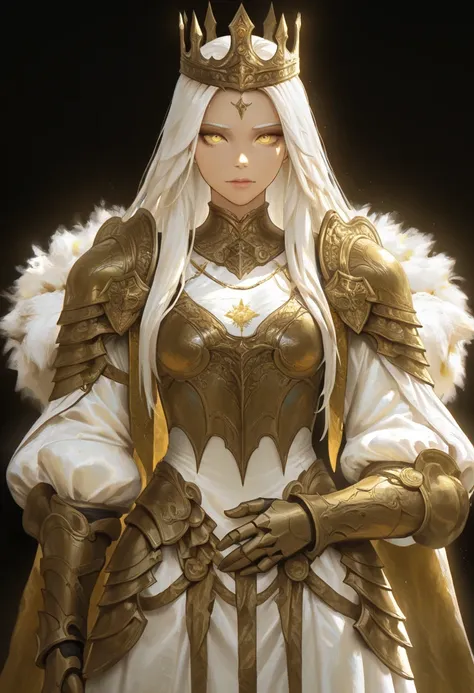 didipaint,close_up,masterpiece, best quality, good quality, very awa, newest, highres, absurdres, 1girl, solo, long hair, beautiful yellow eyes, long sleeves, dress, white hair, puffy sleeves, white dress, sexy armor,  armor crown, facing viewer, gauntlets...