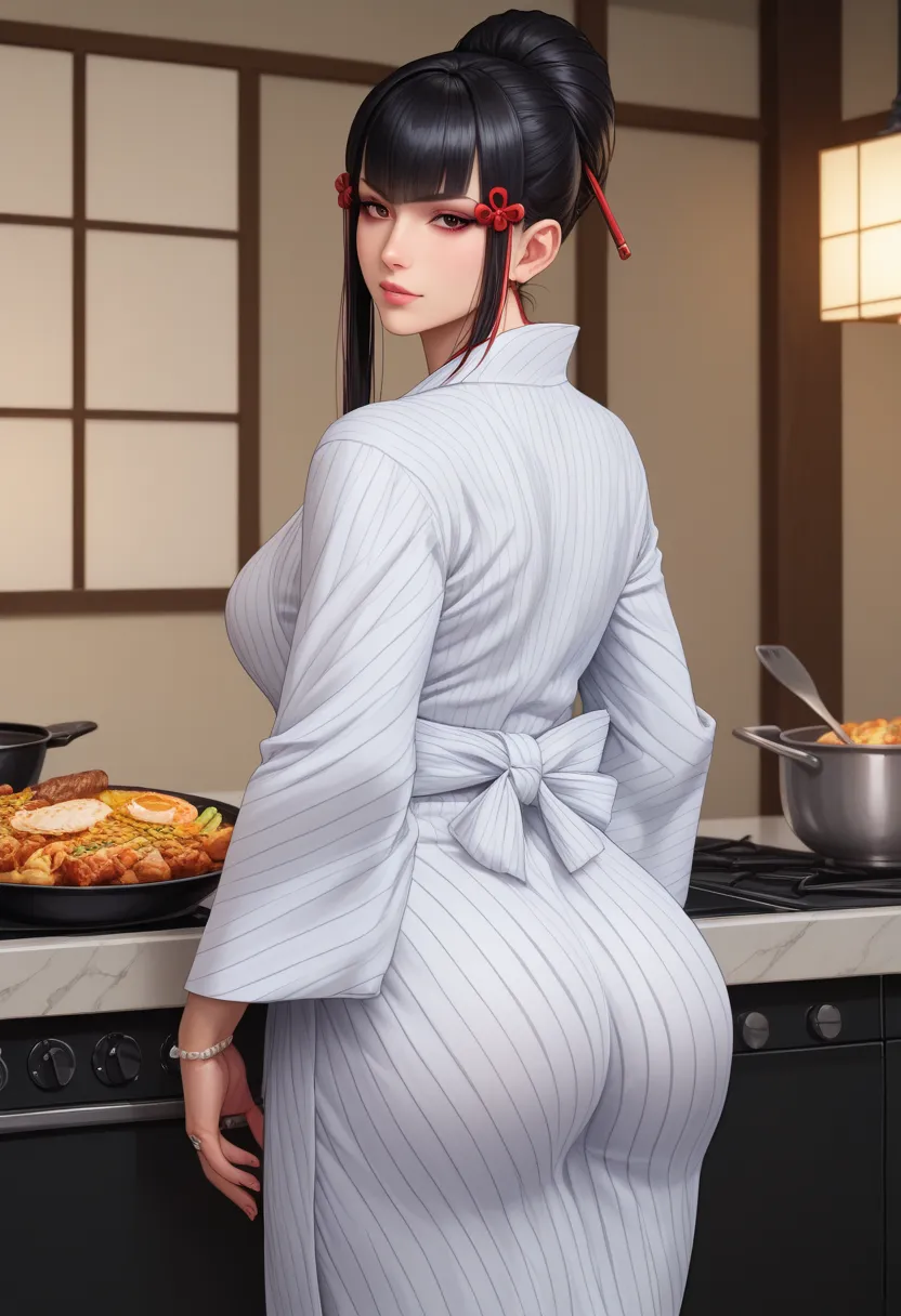 score_9, score_8_up, score_7_up,  source_anime,  BREAK solo, 1 girl,   TKNKZMI, black hair, blunt bangs, eye shadow, sidelocks, hair ornament, hair sexy yukata , , wedding ring,thick thighs,,cooking breakfast, 3D Rendering, Super Detailed, Looking at viewe...