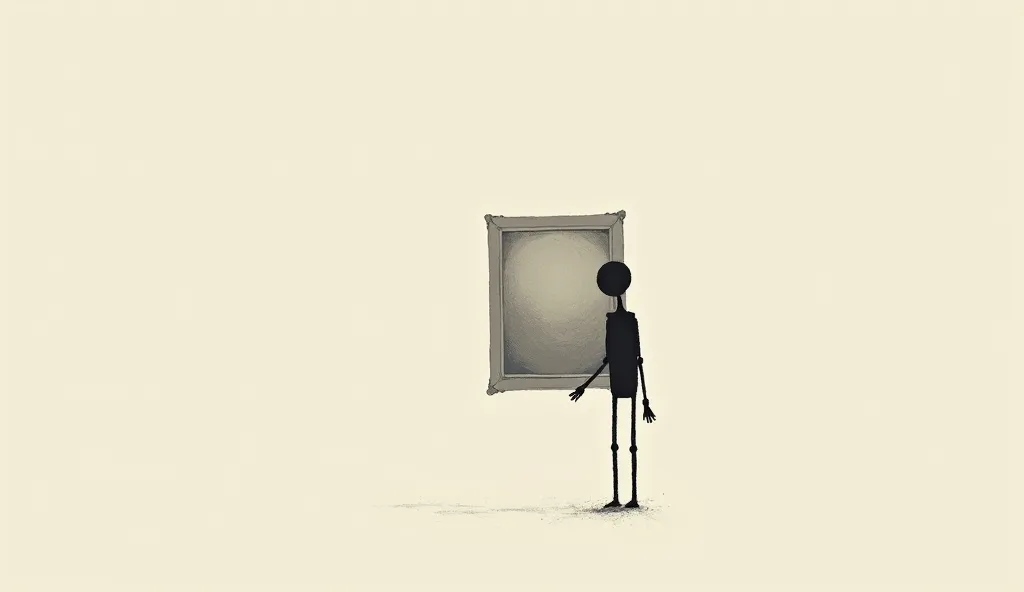  A thin black stick figure holding a photo frame, but the photo inside has sections erased or highlighted. Cream-colored background. The frame should be gray.