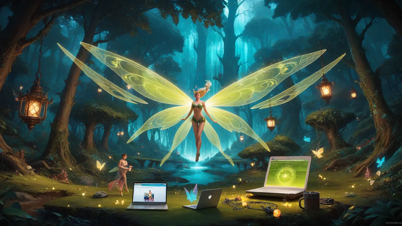 Several miniature fairies sit around a futuristic laptop floating in the air. They appear to be playing and interacting with the screen, which emits colorful magical lights. The fairies have glowing wings and wear tiny, fantasy-detailed outfits. The laptop...