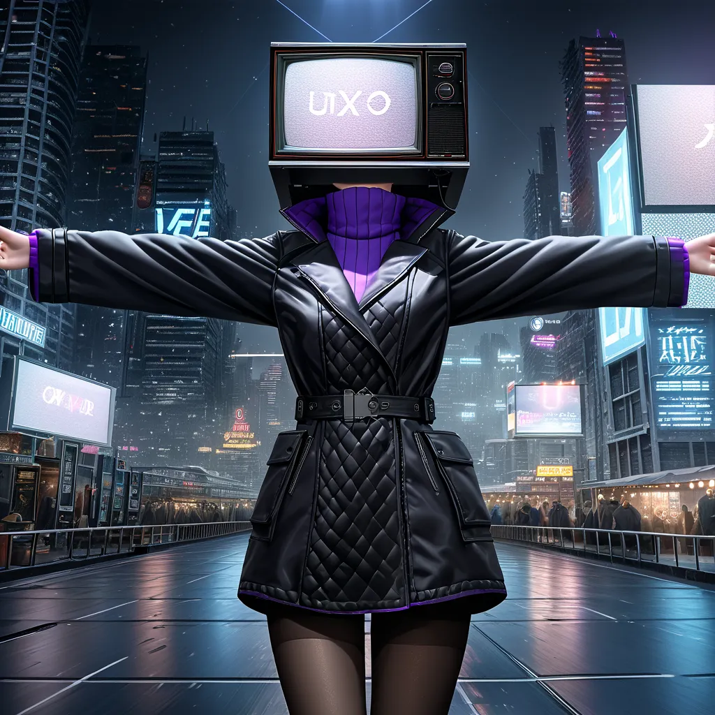 score_9, realistic, detailed, city, solo, tvwoman, robot girl, tv head, black coat over purple turtle neck, black pantyhose, spread arms, 8k, masterpiece, ultra-detailed, photorealistic, hdr, studio lighting, extreme detail, professional, vivid colors, bok...