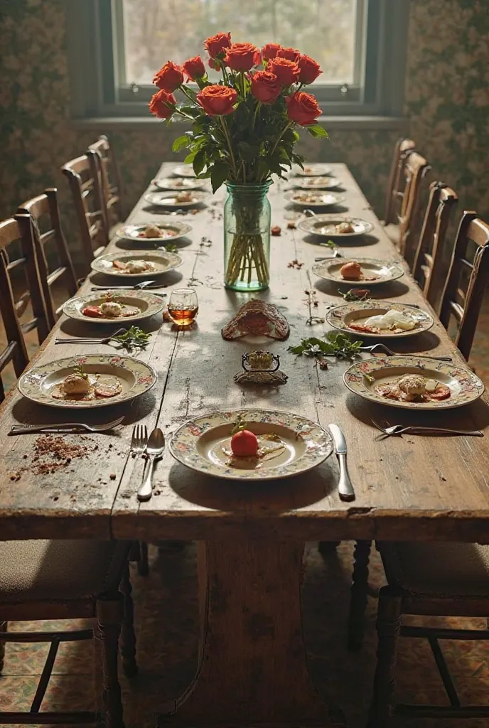 A large dining table that suggests a family moment, but is incomplete:

I want upside-down or mismatched chairs, and regular chairs

I want partially empty or broken plates, I want broken or disfigured plates with food, I want a vase of roses upside-down i...