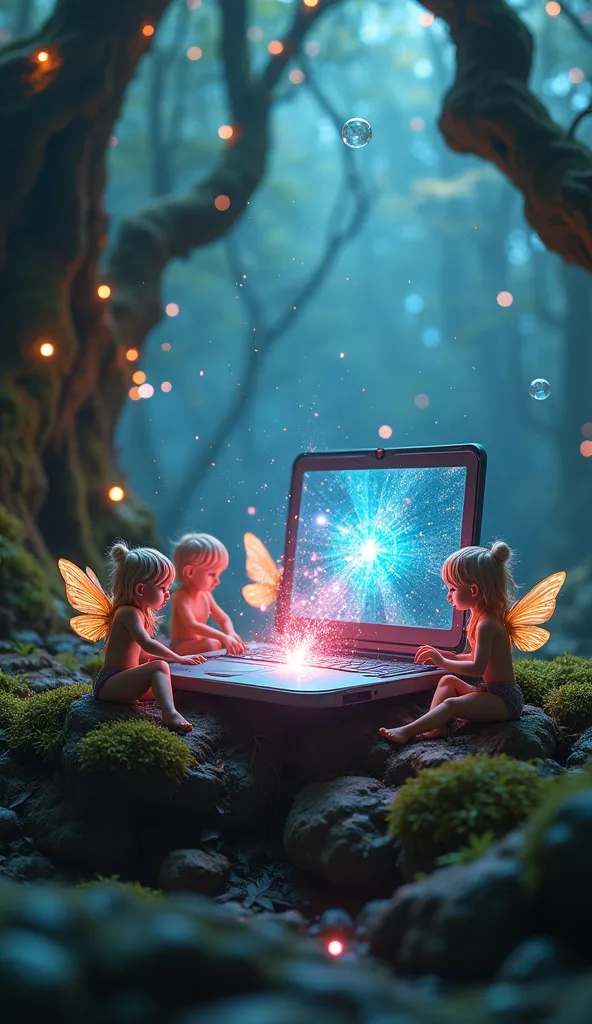 Several miniature fairies sit around a futuristic laptop floating in the air. They appear to be playing and interacting with the screen, which emits colorful magical lights. The fairies have glowing wings and wear tiny, fantasy-detailed outfits. The laptop...