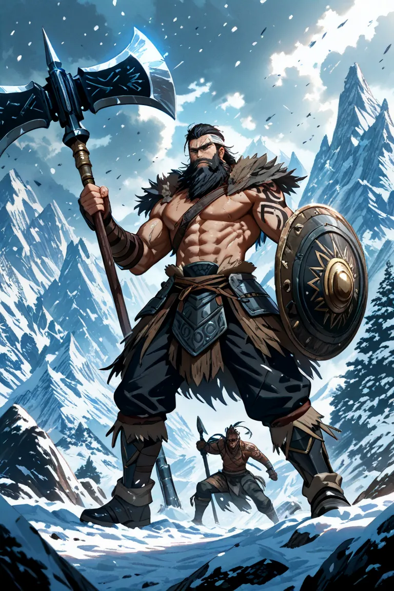 A colossal warrior stands in the middle of a brutal battlefield in the snowy mountains. He is 2.45 meters tall, with a muscular body covered in battle scars and tribal tattoos. His skin is grayish with bluish hues, and his piercing ice-gray eyes show a mix...