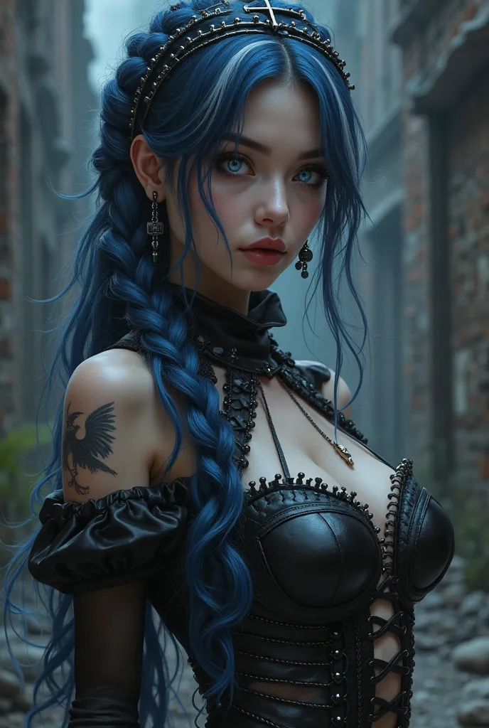 Gothic, dark blue hair with white strands, long braid with studs, gothic cross headband, high-collar dress with cutouts, big chest, black pearl earrings, looks with an easy challenge, leather skirt with chains, black stockings with a raven pattern, platfor...