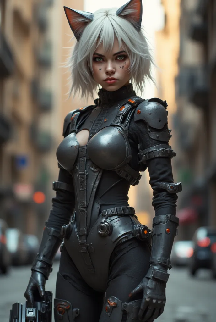 view from a distance full length cat girl face human green eyes gray body covered with short fur cat legs, pilot's fantastic dark suit completely covers the body. hairstyle short helmet holds in her right hand 