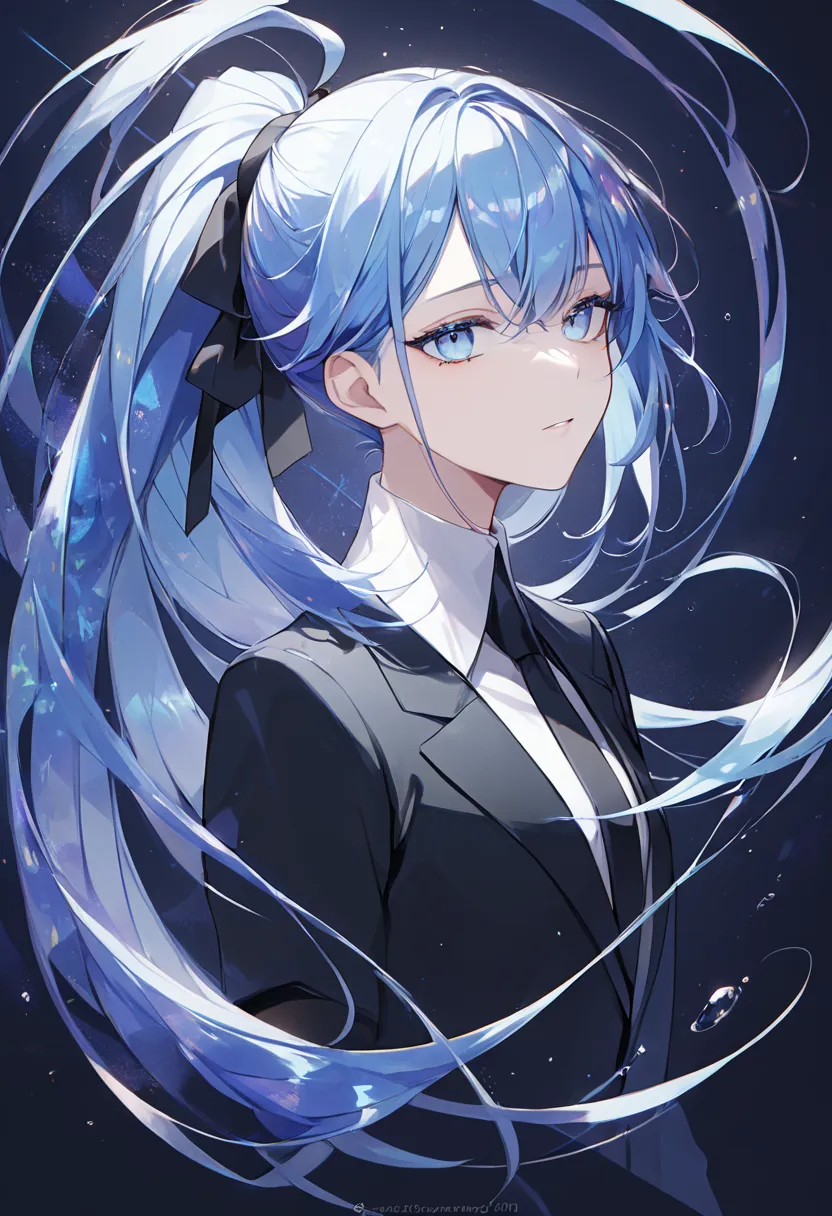 Beautiful, solo, long hair, ponytail, blue hair, blue eyes, white shirt, black suit