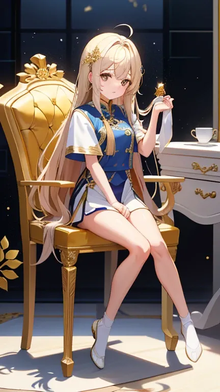 full body photo，All visible from head to toe，Golden Super Long Hair，Little Hair Ornament ，輕蔑看著viewer，White Gold Full Body Armor，Office Interior，sitting in a chair with tears flashing，Bright interior