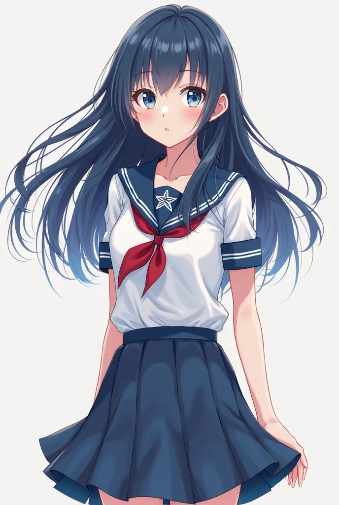 Anime girl, in school uniform, blue skirt, white shirt, dark blue hair, blue eyes, At full height, 