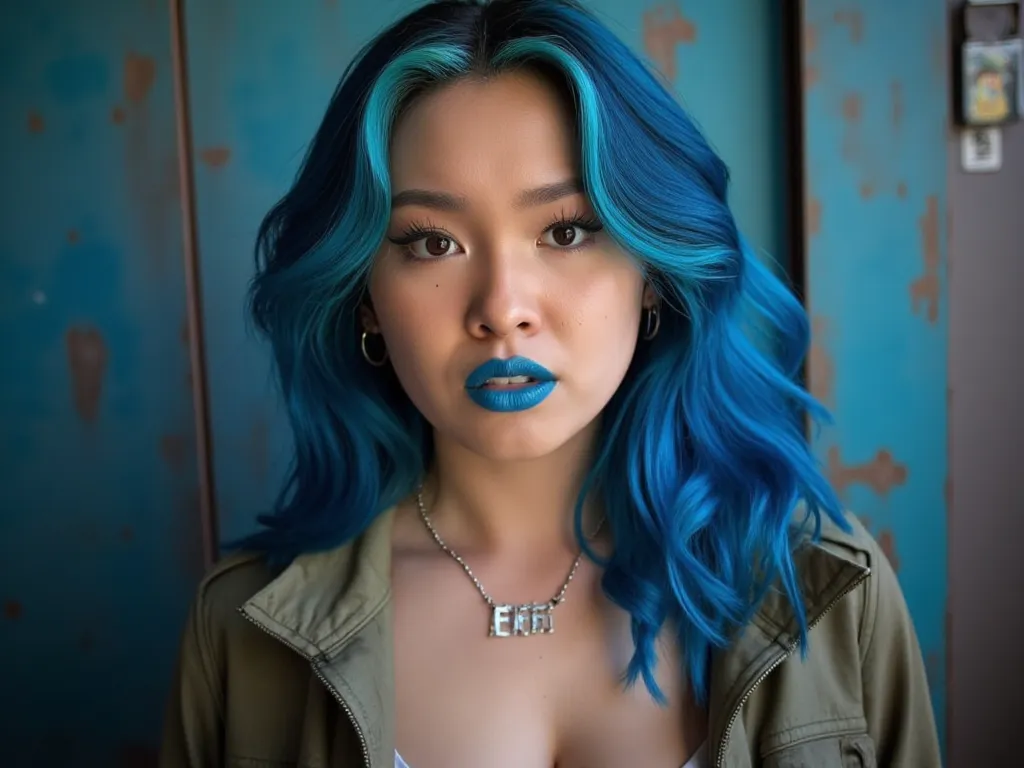 close up of woman, blue lipstick, blue hair, cleavage, 