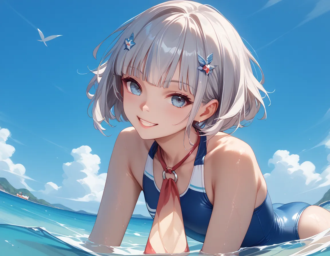 （masterpiece、high quality)、  Silver Hair 、Short Hair、B110 - W65 -H 92 cm、swimsuit、background（sea）、smile