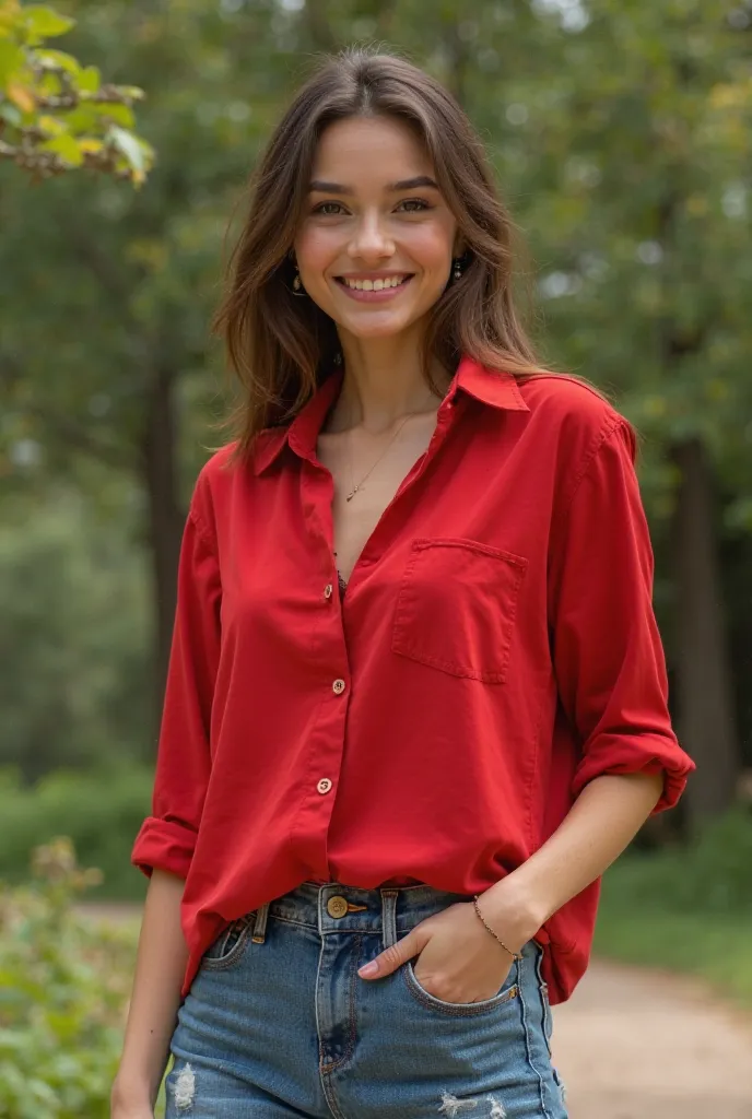 Red shirt on denim ladies
