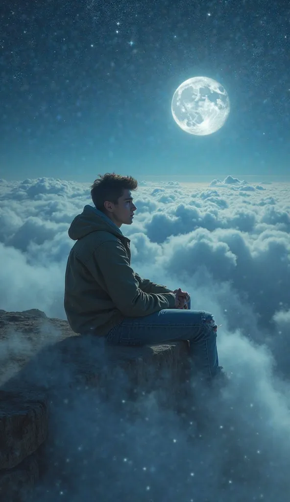 
“A young man with a broken heart sits on a soft cloud high in the sky, looking down at the vast ocean and towering cliffs below. The clouds stretch endlessly around him, illuminated by the soft glow of the full moon. The deep blue sky is speckled with cou...