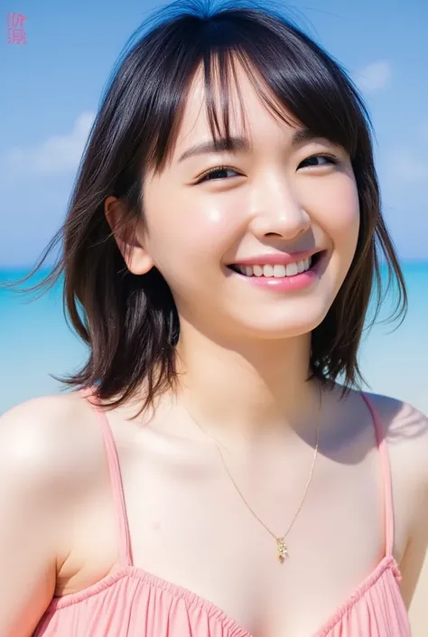 1 girl, Adult Female,Age 30,beautiful face,Japanese,black hair semi-long,Big Breasts, An energetic young woman in a bikini、posing happily at the seaside in summer with her clean skin。 she has a bright smile 、Beautiful skin and、has wavy hair waving in the o...