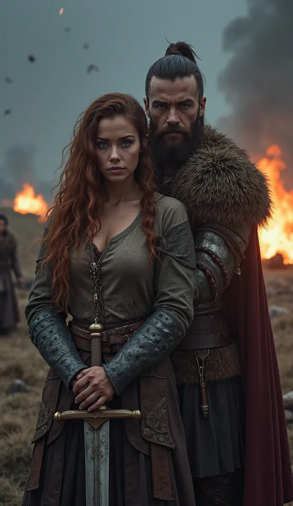 couple, jeune femme magnifique, de vingt-quatre ans, cheveux longs châtains clairs ondulés, yeux vairons, en tenue de guerrière viking, avec une épée descendante de Lagertha, badass. Avec un jeune homme incroyablement beau, mauvais garçon, Aura mystérieuse...