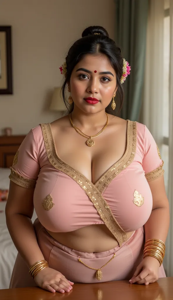 Portrait of a mature Indian milf standing by a table walking to the camera, with lust in her eyes, black hair tied around, flowers in head,sandal mark on forehead, sindhur on forehead (vermilion mark on forehead in the middle of hair partition,transparent ...