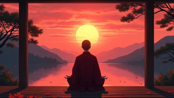 Create an atmospheric illustration in the style of Makoto Shinkai's anime landscapes, combining realism and poetic abstraction. In the foreground is a young man A Japanese monk in maroon robes sits in lotus position on the edge of the temple's wooden veran...