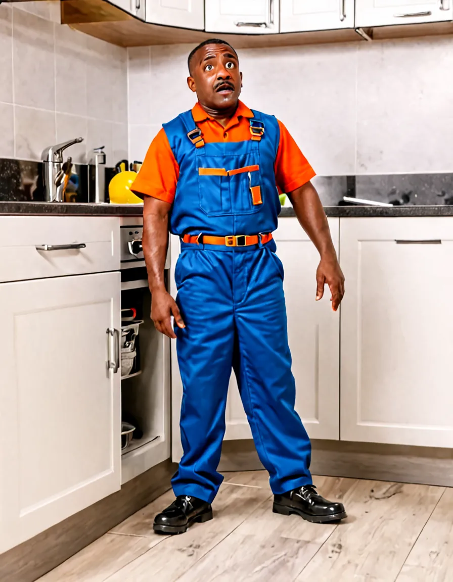 Worker dwarf mature black man in plumber clothes standing in kitchen very short tin body get shocked dwarf dwarf dwarf working view from side 