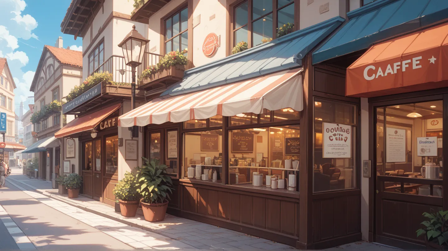 A retro-style café with a nostalgic exterior, reminiscent of the Showa era. The building features aged wooden panels, vintage signage, and classic design elements, evoking a warm and inviting atmosphere. The scene captures the quiet charm of an old-fashion...