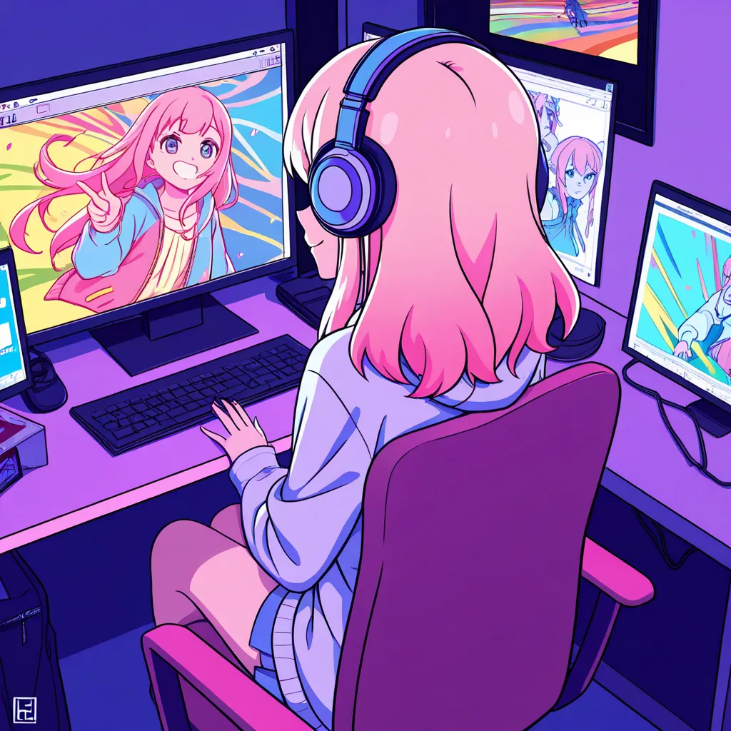 (from behind), Streamer girl sitting in front of computer in cozy room,  Vtuber girl , headphones,  vivid color with thick line drawing, (beautiful 夜 views from windows),  anime otaku,  2D anime style , The aesthetics of Japanese anime in the 2020s,  lo-fi...