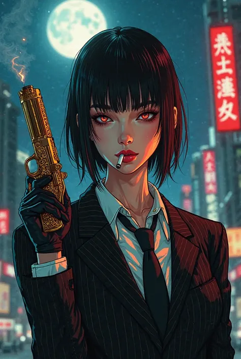 A hyperdetailed, hyperrealist digital illustration of an female anime-style Yakuza hitman in a stylish pinstripe suit. Set in a futuristic, neo-noir Japan with a cyberpunk vibe, reminiscent of Masamune Shirow and Katsuhiro Otomo. The hitman, with ethereal ...