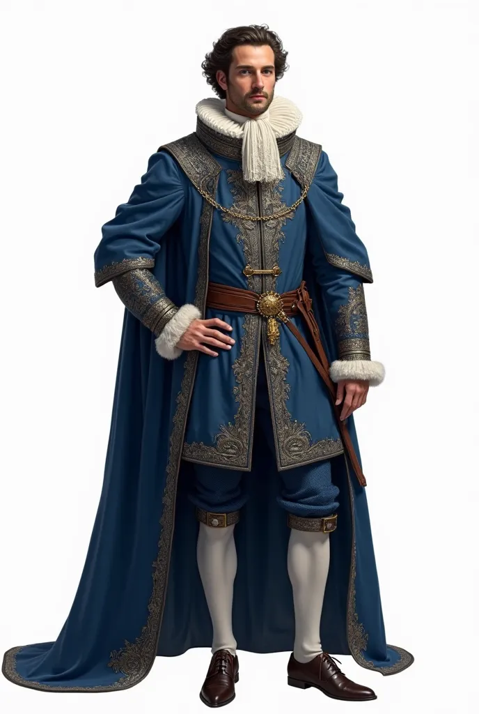 Un noble de la cour du roi Louis Xiii, portant des vetements riches mais pratiques dans les tons bleus, sur fond blanc