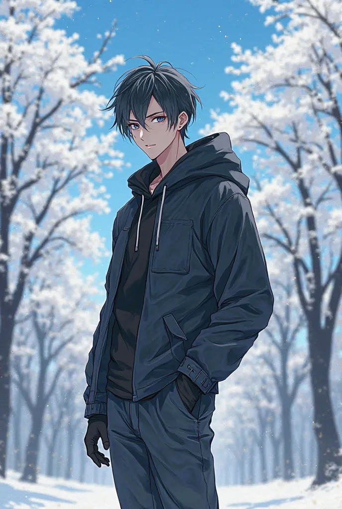 A boy (fictional anime figure is not realistic but with high -precision quality) a 24 -year -old young man, tall, rough, with calm and mysterious features. It has dark black hair with light silver ends, (a little long from the back) and flying with cold wi...