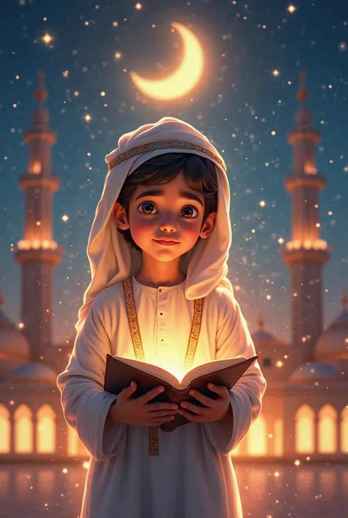 animated arab boy wearing head covering holding Qur'an and around it there are grains of light with mosque background and bright shining stars and moon